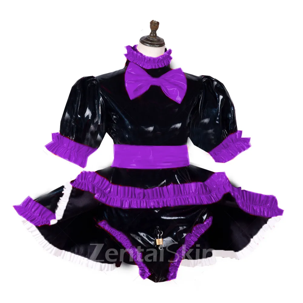 Second Skin Lockable Fetish Cross-dresser Maid Dress Lolita Wetlook PVC Maid Cosume with Bow Wetlook PVC Crossdressing Fetish Wear Fetish Cross-dresser Dress