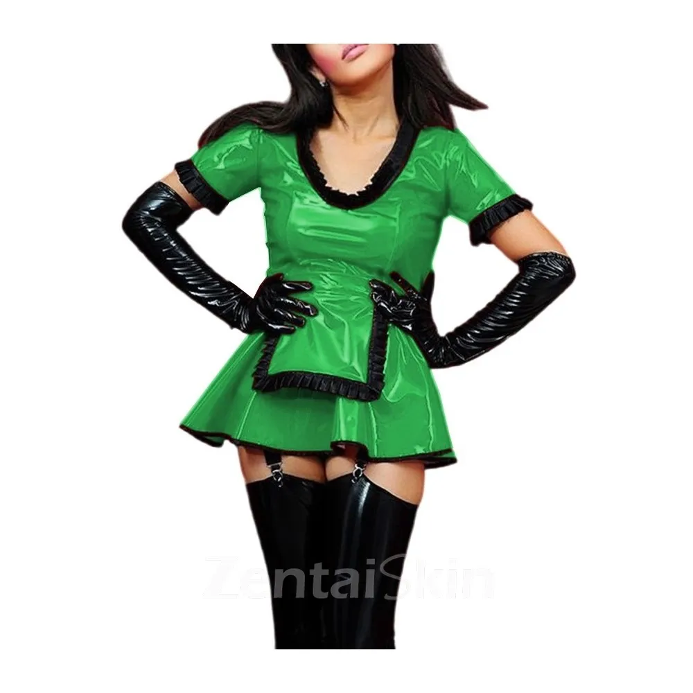 Second Skin Women Ruffled V-neck Mini Maid Dress Wet Look Shiny Wetlook PVC Short Sleeve Maid Dress with Apron Nightclub Party Costume