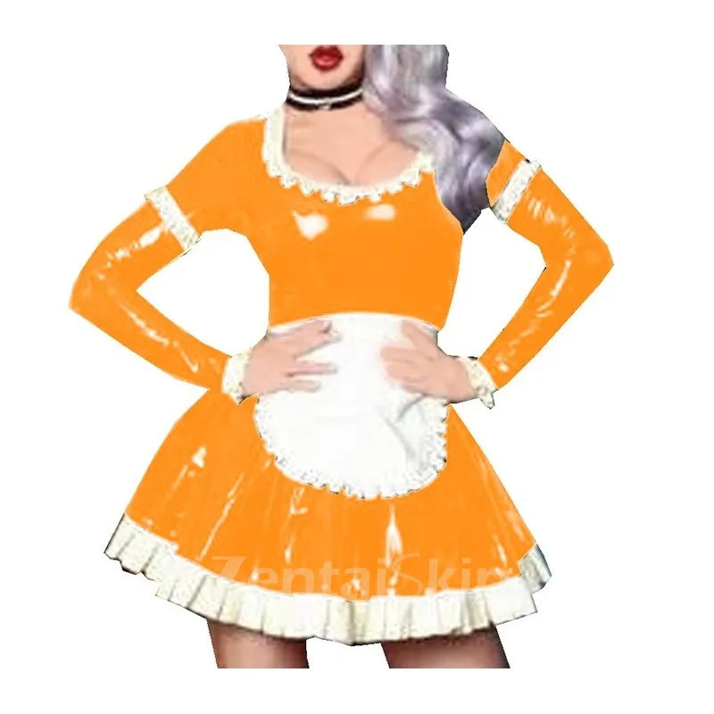 Second Skin Women Long Sleeve Wet Look Shiny Wetlook PVC Maid Dress Maids Halloween Cosplay Costume Fetish Cross-dresser Dresses with Apron