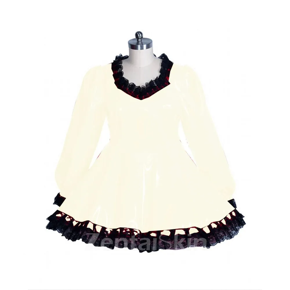 Second Skin Cute Women\'s Lolita Wetlook PVC Dress Sweet Black Lace Vinyl Dress Lockable Maid Uniform Gothic Long Sleeve Fetish Cross-dresser Dress