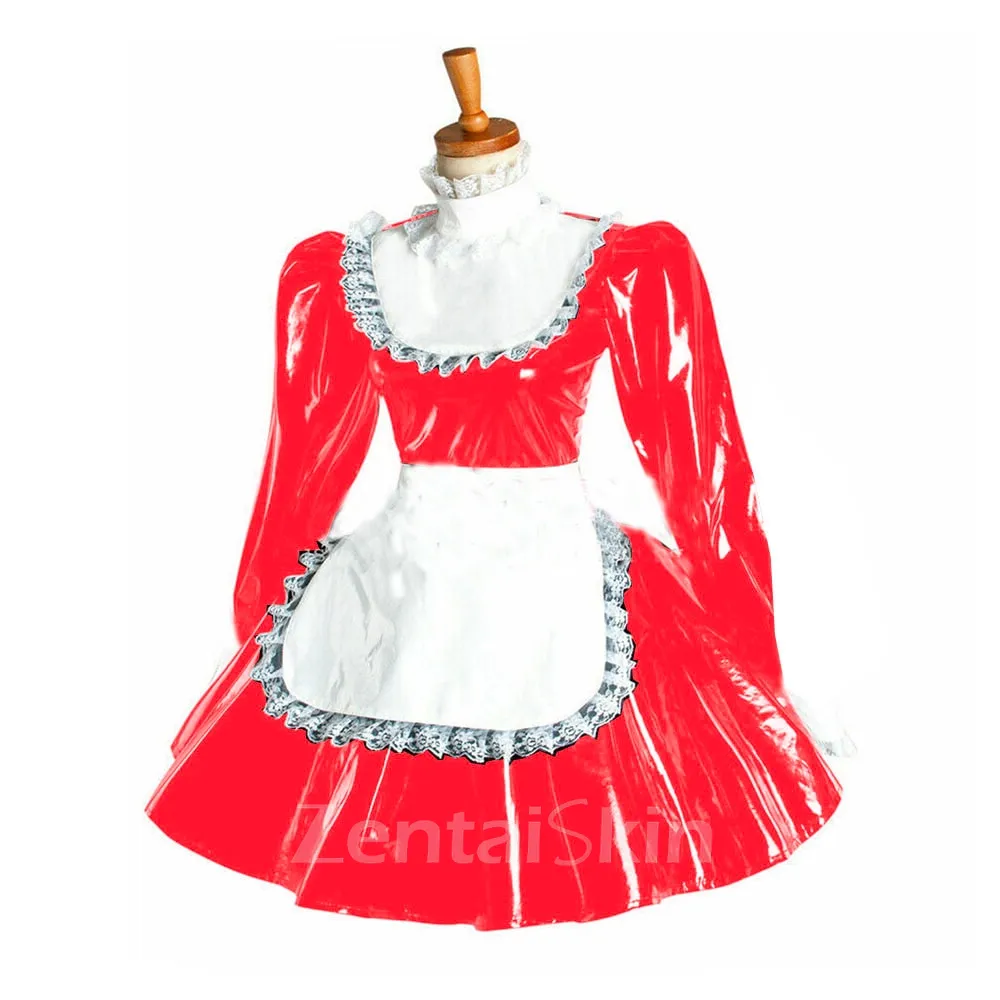 Second Skin Puff Sleeve Maid Cosplay Dress Ladies Lolita Wetlook PVC Wetlook Apron Dress