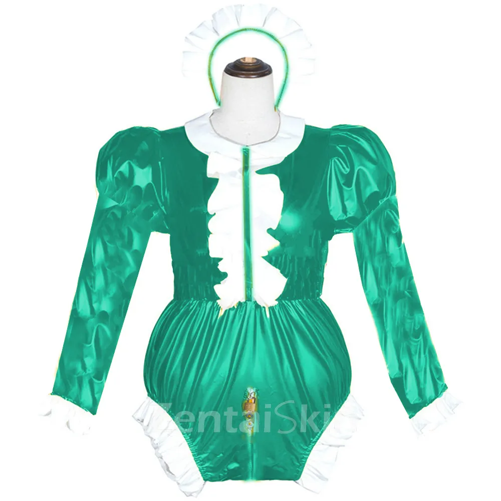 Second Skin Adult Maid Cosplay Costume Lockable Wetlook Leotard Wetlook PVC Fetish Cross-dresser Long Sleeve Bodysuits