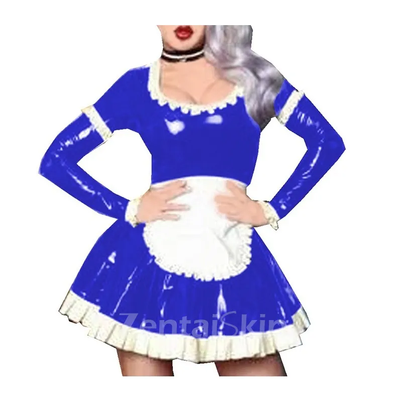 Second Skin Women Long Sleeve Wet Look Shiny Wetlook PVC Maid Dress Maids Halloween Cosplay Costume Fetish Cross-dresser Dresses with Apron