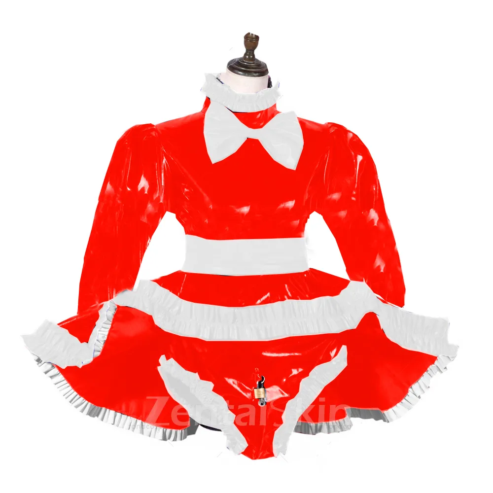 Second Skin Long Sleeve Fetish Cross-dresser Dress Wetlook PVC Bow Pant Dress Lockable French Maid Outfit Wet Look Shiny Lolita Cosplay Crossdresser