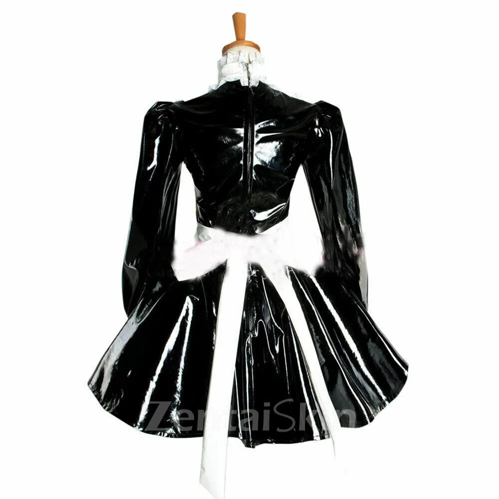 Second Skin Puff Sleeve Maid Cosplay Dress Ladies Lolita Wetlook PVC Wetlook Apron Dress