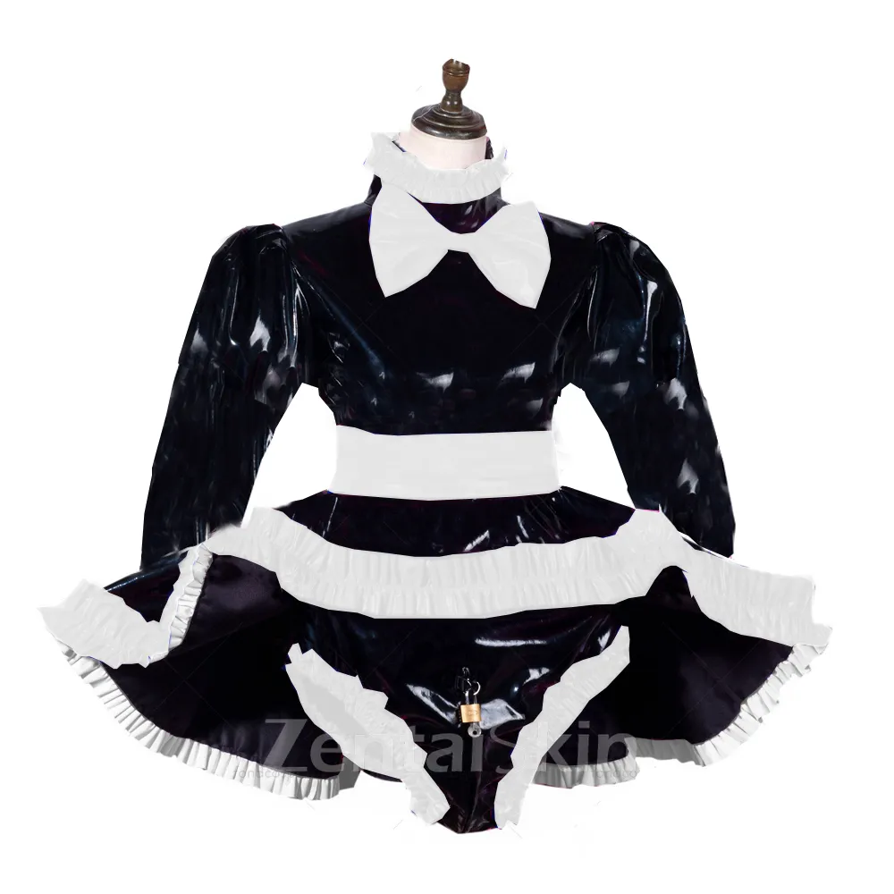 Second Skin Long Sleeve Fetish Cross-dresser Dress Wetlook PVC Bow Pant Dress Lockable French Maid Outfit Wet Look Shiny Lolita Cosplay Crossdresser