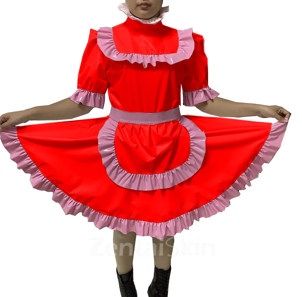 Second Skin Adult Lockable Fetish Cross-dresser Maid Wetlook PVC Dress Uniform Apron Costume Jumpsuits Rompers