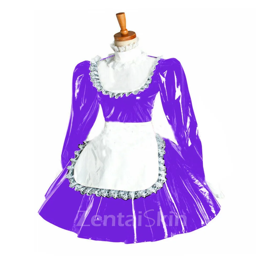 Second Skin Puff Sleeve Maid Cosplay Dress Ladies Lolita Wetlook PVC Wetlook Apron Dress