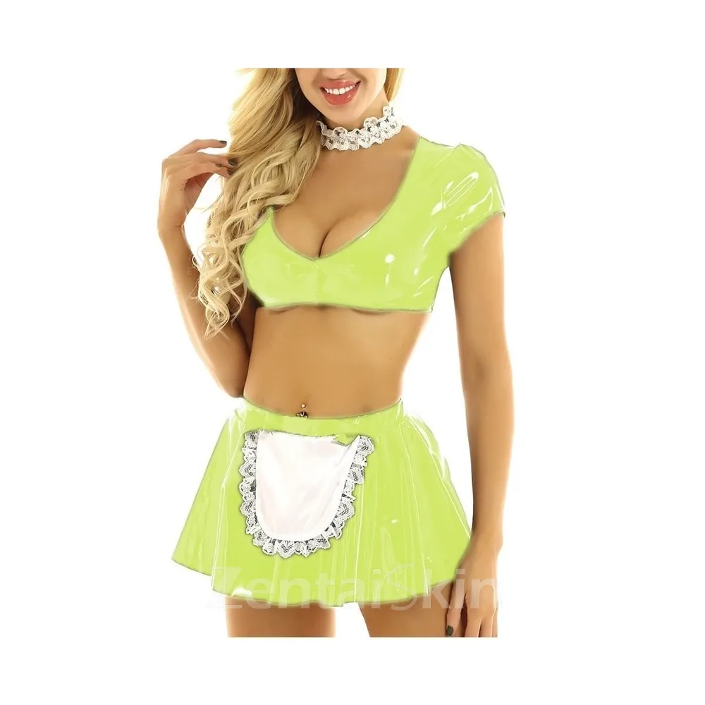 Second Skin Wetlook Party French Maid Dress Cosplay Costumes Crop Top with Wetlook PVC Mini Skirt