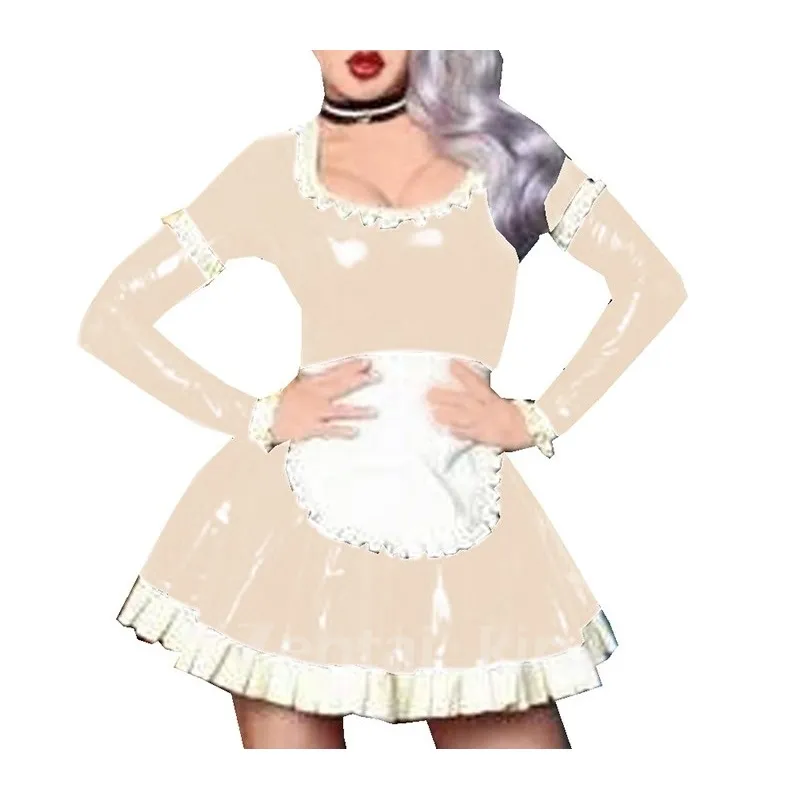 Second Skin Women Long Sleeve Wet Look Shiny Wetlook PVC Maid Dress Maids Halloween Cosplay Costume Fetish Cross-dresser Dresses with Apron