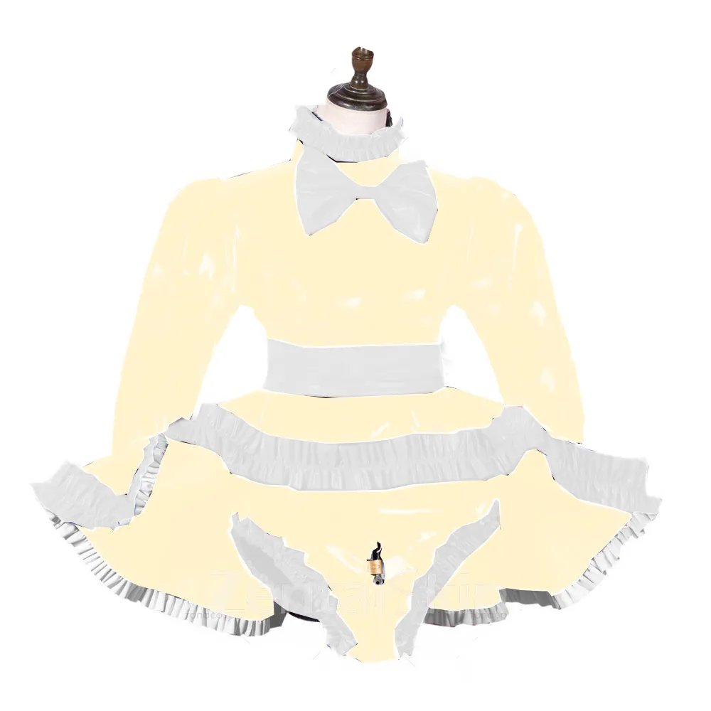 Second Skin Long Sleeve Fetish Cross-dresser Dress Wetlook PVC Bow Pant Dress Lockable French Maid Outfit Wet Look Shiny Lolita Cosplay Crossdresser