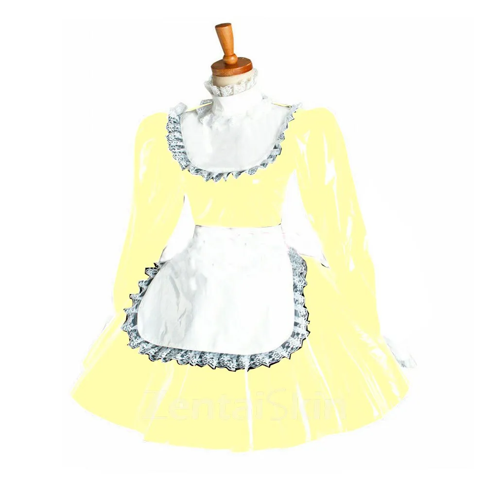 Second Skin Puff Sleeve Maid Cosplay Dress Ladies Lolita Wetlook PVC Wetlook Apron Dress