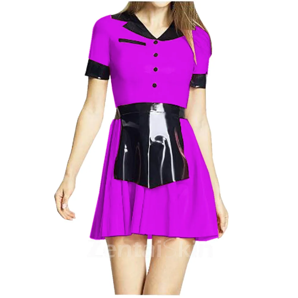 Second Skin Turn-down Collar Wet Look Shiny Wetlook PVC French Maid Dress Short Sleeve Mini Dress with Apron Outfits Halloween Cosplay Costumes