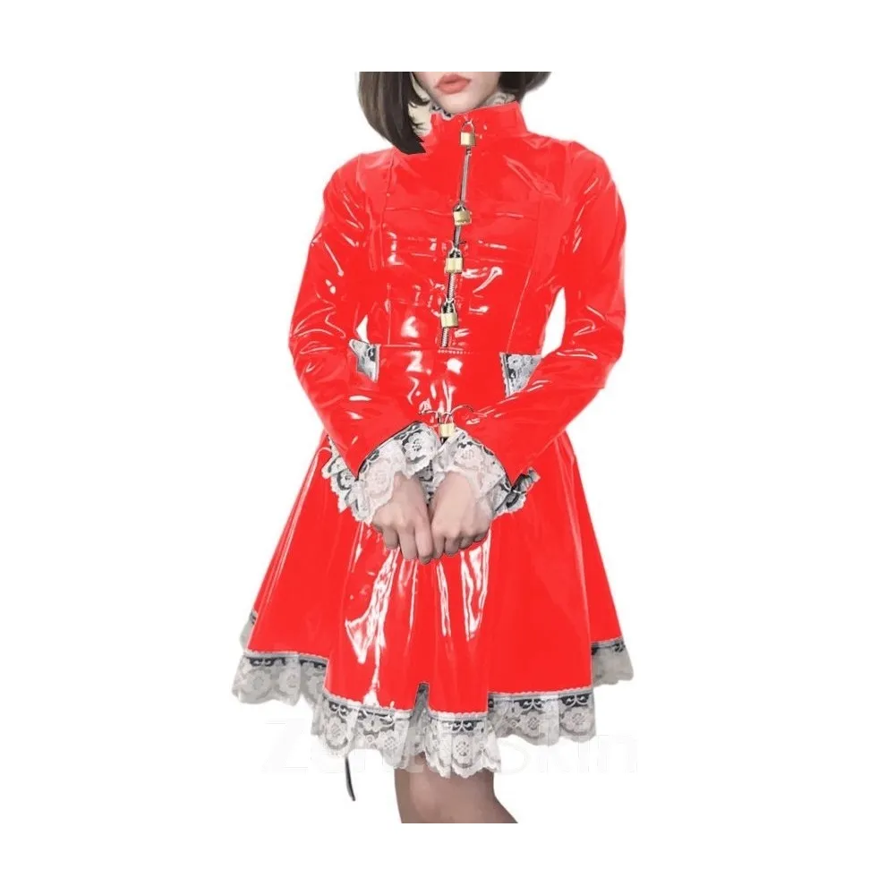 Second Skin Wetlook PVC Cosplay Lolita Lace Maid Costumes Lockable Long Sleeve Pleated Mini Maid Dress French Apron Servant Uniforms