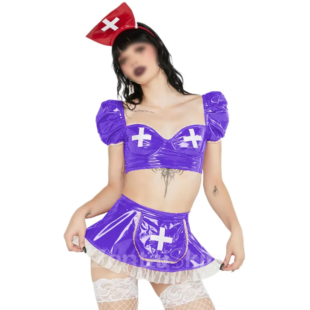 Second Skin Fetish Pvcnurse Dress Sets Shinyfrilly Puff Sleeve Crop Top Mini Skirt Party Cosplay Outfitsfor Women