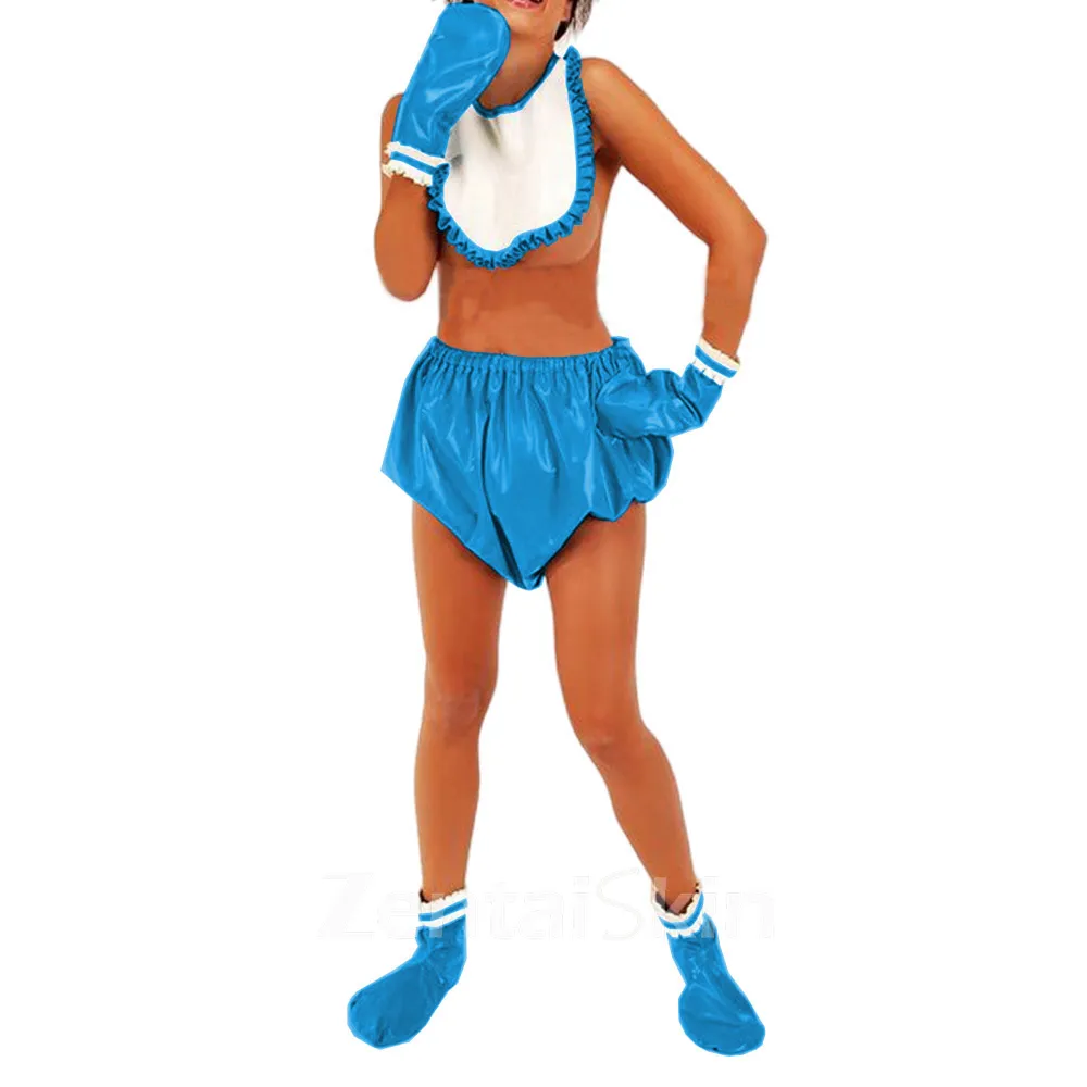 Second Skin Adult Baby Size Diapers 4pcs Costume Wet Look Shiny Wetlook PVC Incontinence Loosely Panties Short Socks Doll Ruffles Mitts Bibi Cosplay Costume