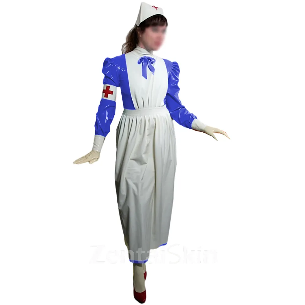 Second Skin Glossy Pvcnurse Long Dress with Apron Halloween Party Nurse Outfits Puff Long Sleeve Fancy Cosplay Uniforms