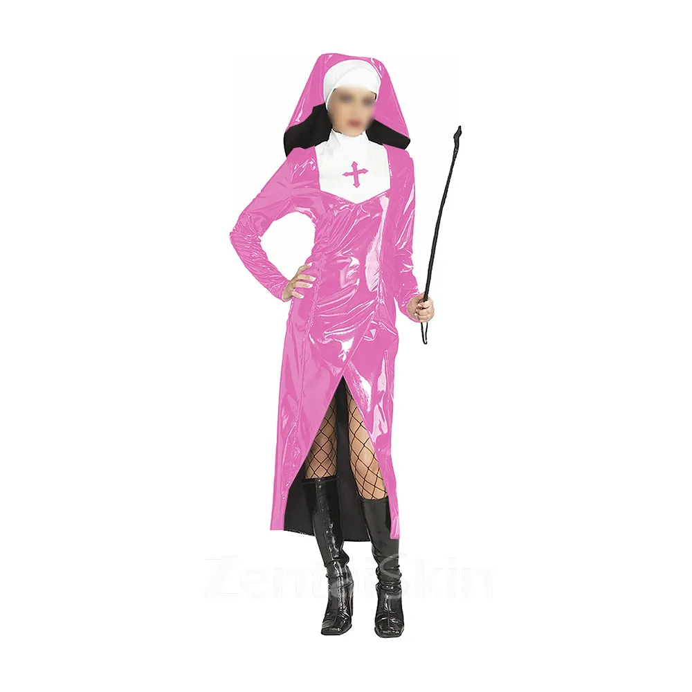 Second Skin Halloween Nun Fancy Dress Female High Collar Front Slit Nun Uniform with Headgear Raves Party Role Play Wet Look Shiny Wetlook PVC Nun Outfits