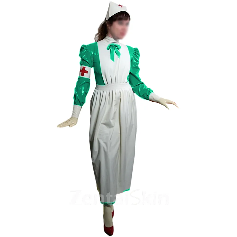 Second Skin Glossy Pvcnurse Long Dress with Apron Halloween Party Nurse Outfits Puff Long Sleeve Fancy Cosplay Uniforms