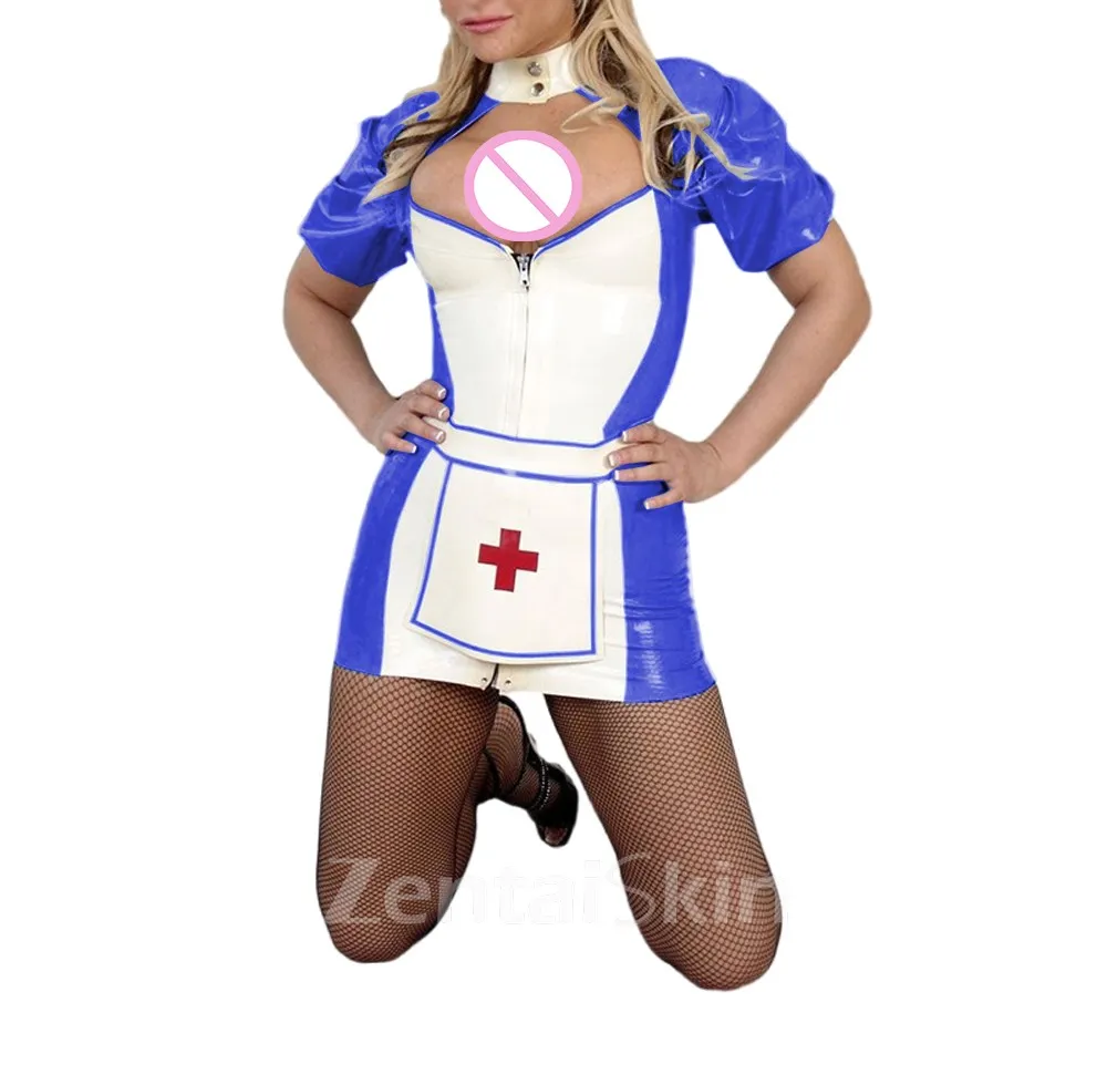 Second Skin Wet Look Pvccutout Mini Nurse Dress with Apron Puff Short Sleeve Pencil Nurs Uniformsclub Cosplay Costumes