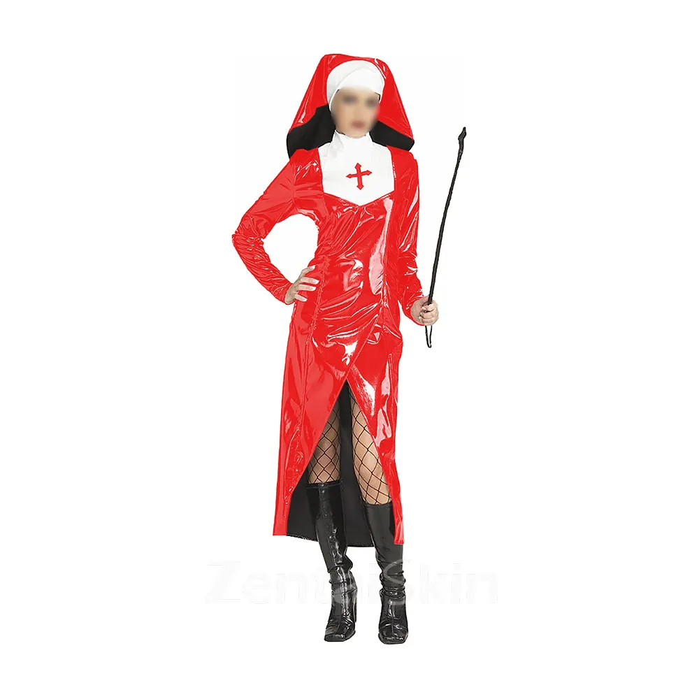 Second Skin Halloween Nun Fancy Dress Female High Collar Front Slit Nun Uniform with Headgear Raves Party Role Play Wet Look Shiny Wetlook PVC Nun Outfits