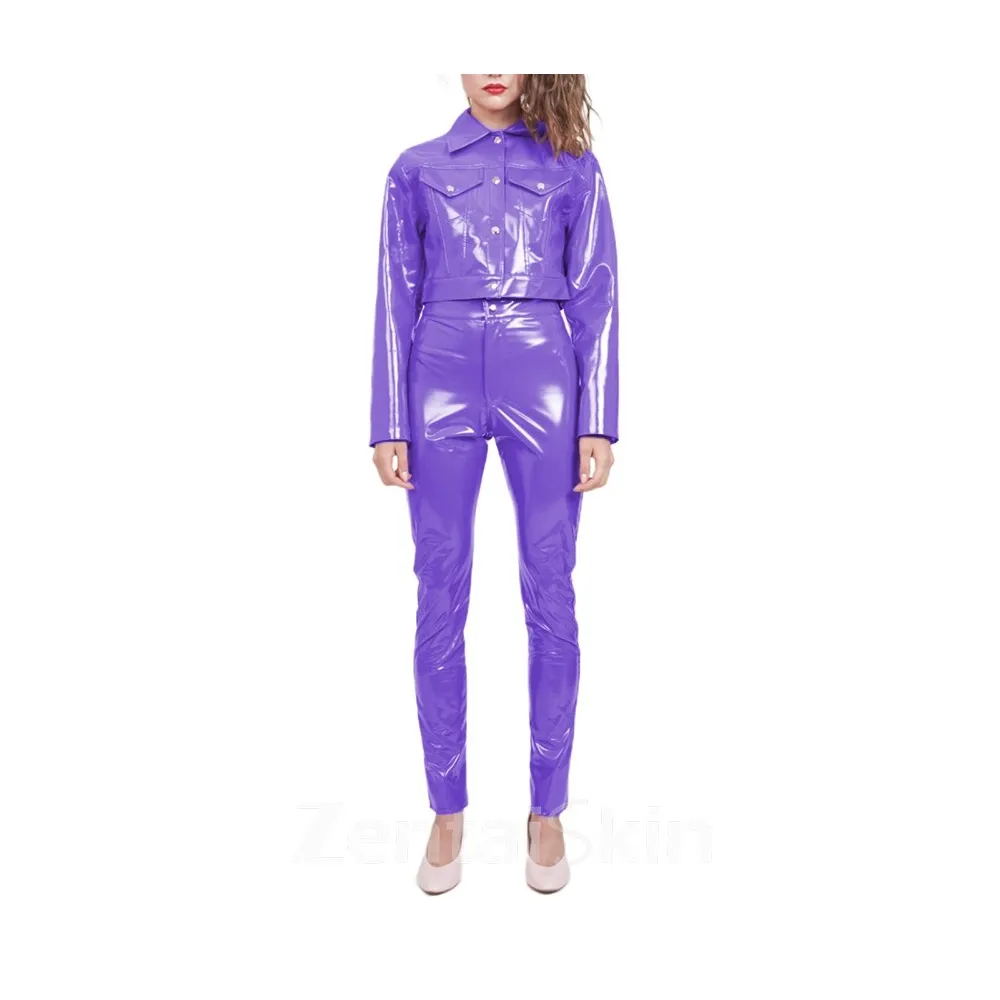 Womens Glossy Pvcpants Set Wet Look Shiny Wetlook PVC Lapel Collar Long Sleeve Jacket High Waist Skinny Legging