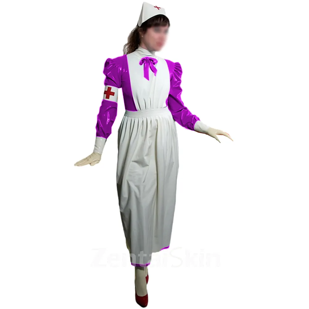 Second Skin Glossy Pvcnurse Long Dress with Apron Halloween Party Nurse Outfits Puff Long Sleeve Fancy Cosplay Uniforms