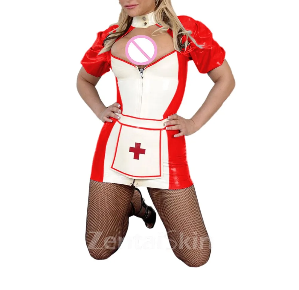 Second Skin Wet Look Pvccutout Mini Nurse Dress with Apron Puff Short Sleeve Pencil Nurs Uniformsclub Cosplay Costumes