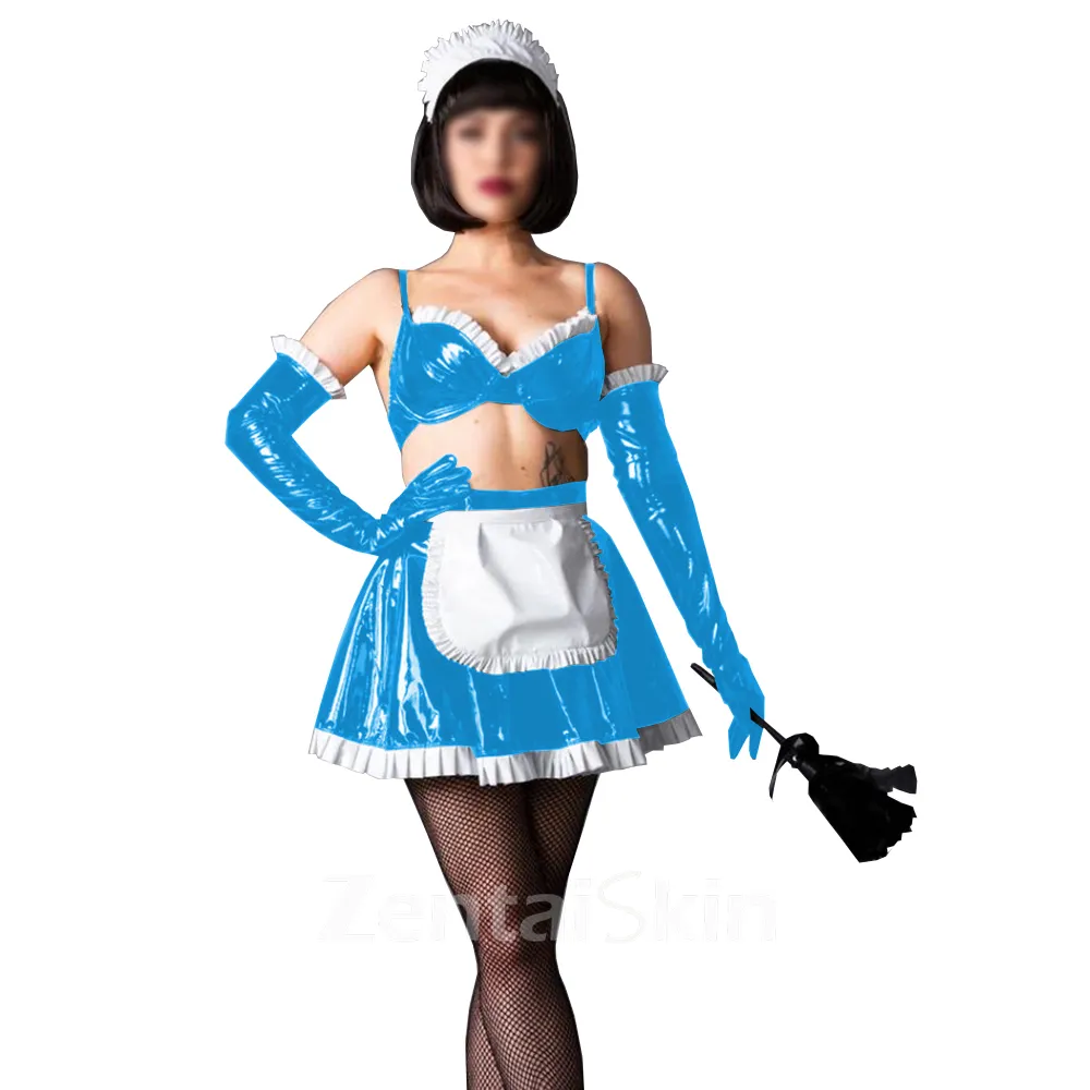 Second Skin Maid Costume Wetlook PVC Lolita Fetish Cross-dresser Maid Outfit Women Girls Lolita Uniformlovely Maid Costumes with Gloves