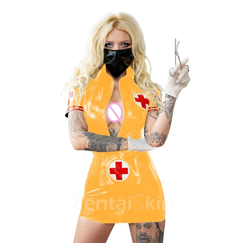 Second Skin Nurse Uniform Turn-down Collar Short Sleeves Mini Pencil Dress Apron Dress Nurse Costume