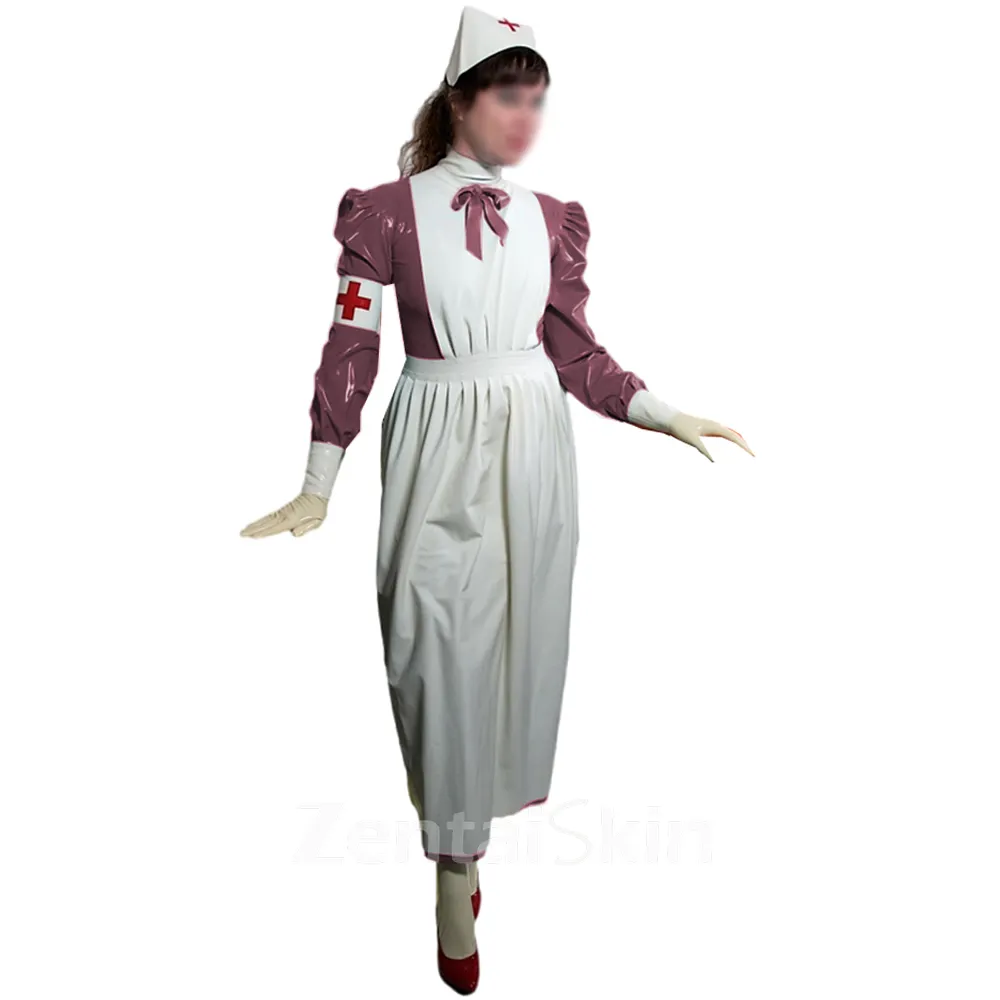 Second Skin Glossy Pvcnurse Long Dress with Apron Halloween Party Nurse Outfits Puff Long Sleeve Fancy Cosplay Uniforms