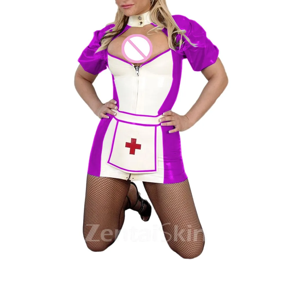 Second Skin Wet Look Pvccutout Mini Nurse Dress with Apron Puff Short Sleeve Pencil Nurs Uniformsclub Cosplay Costumes
