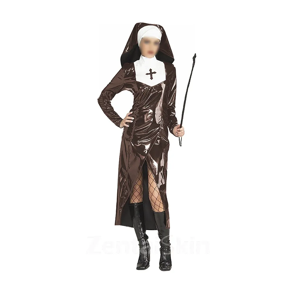 Second Skin Halloween Nun Fancy Dress Female High Collar Front Slit Nun Uniform with Headgear Raves Party Role Play Wet Look Shiny Wetlook PVC Nun Outfits