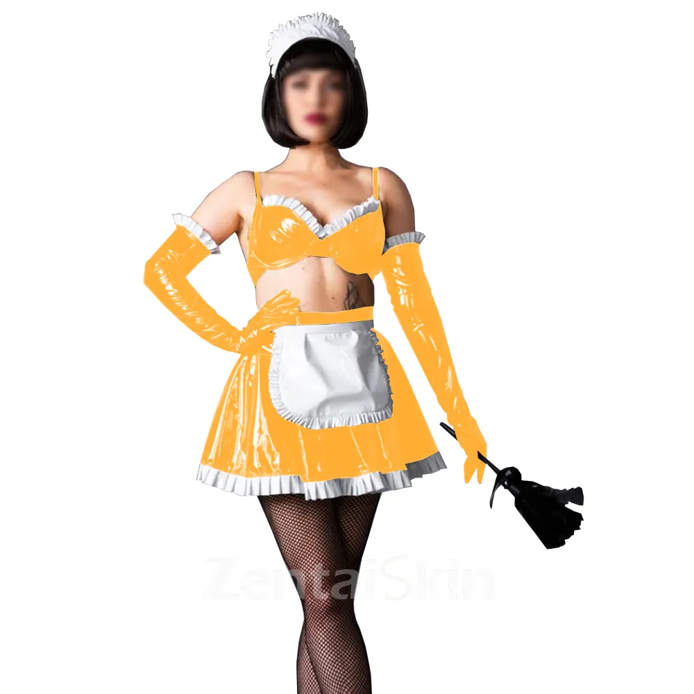 Second Skin Maid Costume Wetlook PVC Lolita Fetish Cross-dresser Maid Outfit Women Girls Lolita Uniformlovely Maid Costumes with Gloves