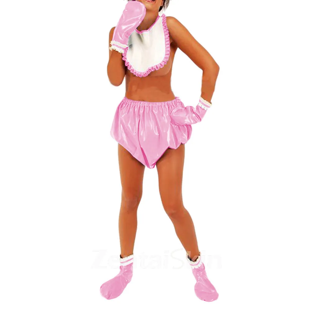Second Skin Adult Baby Size Diapers 4pcs Costume Wet Look Shiny Wetlook PVC Incontinence Loosely Panties Short Socks Doll Ruffles Mitts Bibi Cosplay Costume