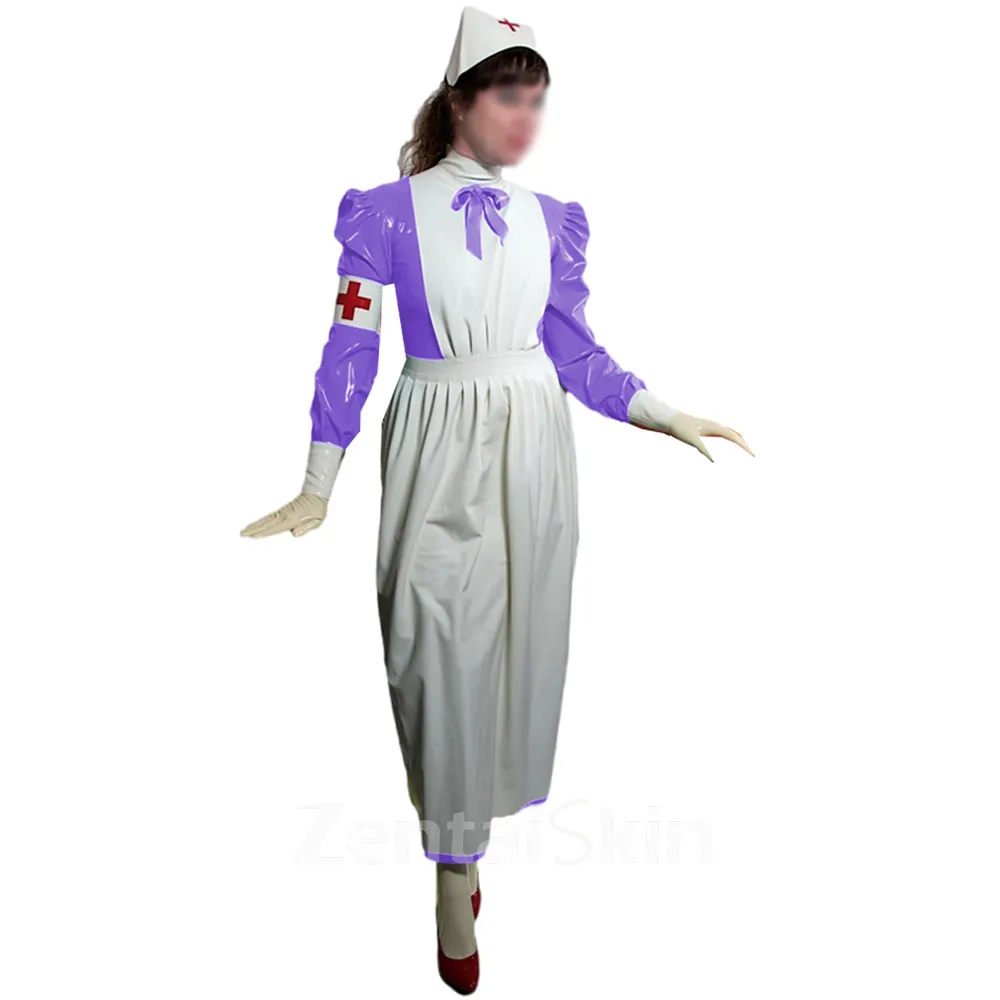Second Skin Glossy Pvcnurse Long Dress with Apron Halloween Party Nurse Outfits Puff Long Sleeve Fancy Cosplay Uniforms