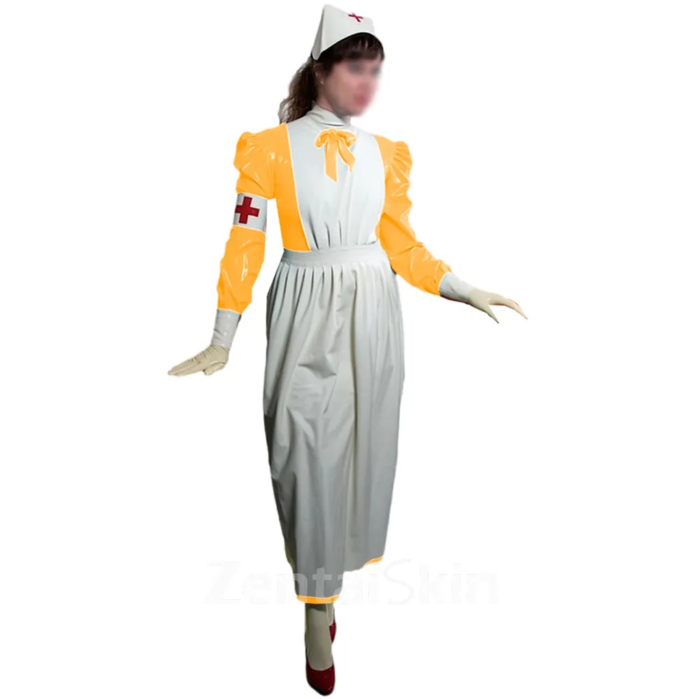 Second Skin Glossy Pvcnurse Long Dress with Apron Halloween Party Nurse Outfits Puff Long Sleeve Fancy Cosplay Uniforms