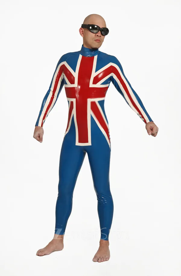 Uk Flag Front Pattern Back Zipper Latex Catsuit Second-skin Clothing