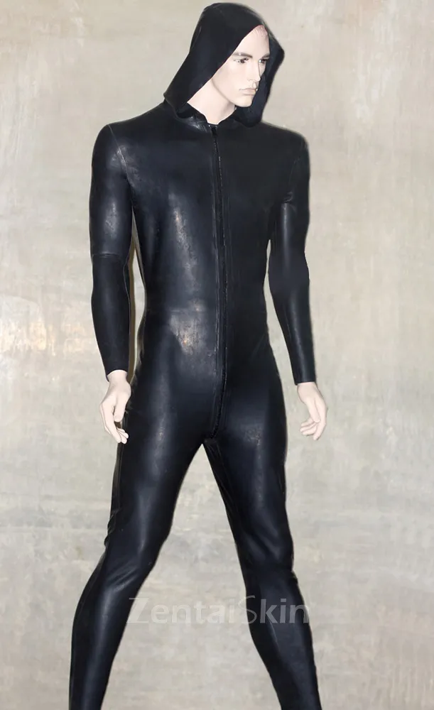 Front Zipper Latex Catsuit Second-skin Clothing with Hoode