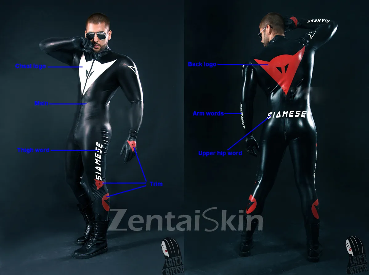 Men Brand Letter Trim Racer Suit Latex Catsuit Second-skin Clothing