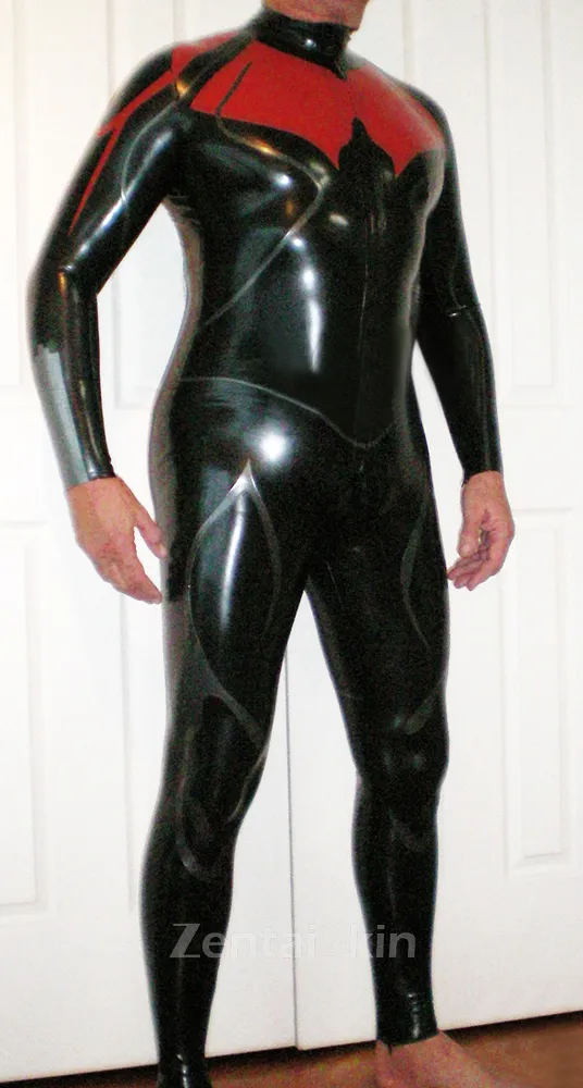 Textured Line Trim Front Zipper Latex Catsuit Second-skin Clothing