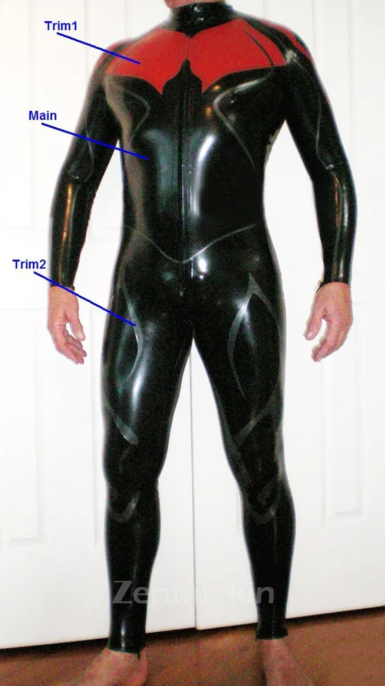 Textured Line Trim Front Zipper Latex Catsuit Second-skin Clothing