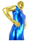 Second Skin Gold and Blue Zentai Costume Wetlook Unitard Skinsuit Shiny Metallic Zentai Suit