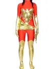Red Lycra Spandex Skinsuit Unisex Zentai Catsuit Second Skin Clothing Party Costume with Gold Wetlook Shiny Metallic Phoenix
