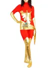 Red Lycra Spandex Skinsuit Unisex Zentai Catsuit Second Skin Clothing Party Costume with Gold Wetlook Shiny Metallic Phoenix