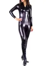 Black Zentai Costume Wetlook Unitard Skinsuit Shiny Metallic Front Open Unisex Catsuit Second Skin Clothing Party Costume