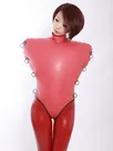 Red Stand Collar Sleeveless Air Inflation Nature Latex Catsuit Second-skin Clothing