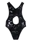 Second Skin Men Black Hollow Out Tights Spandex Wet Look Leotard Shiny Metallic Bodysuit