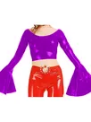 Second Skin Women O-neck Tops Long Flared Sleeve Shirt Wetlook PVC Short Coats