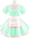 Second Skin French Maid Dress Lace Square Neck Sissy Wetlook PVC Lolita Dresses with Apron